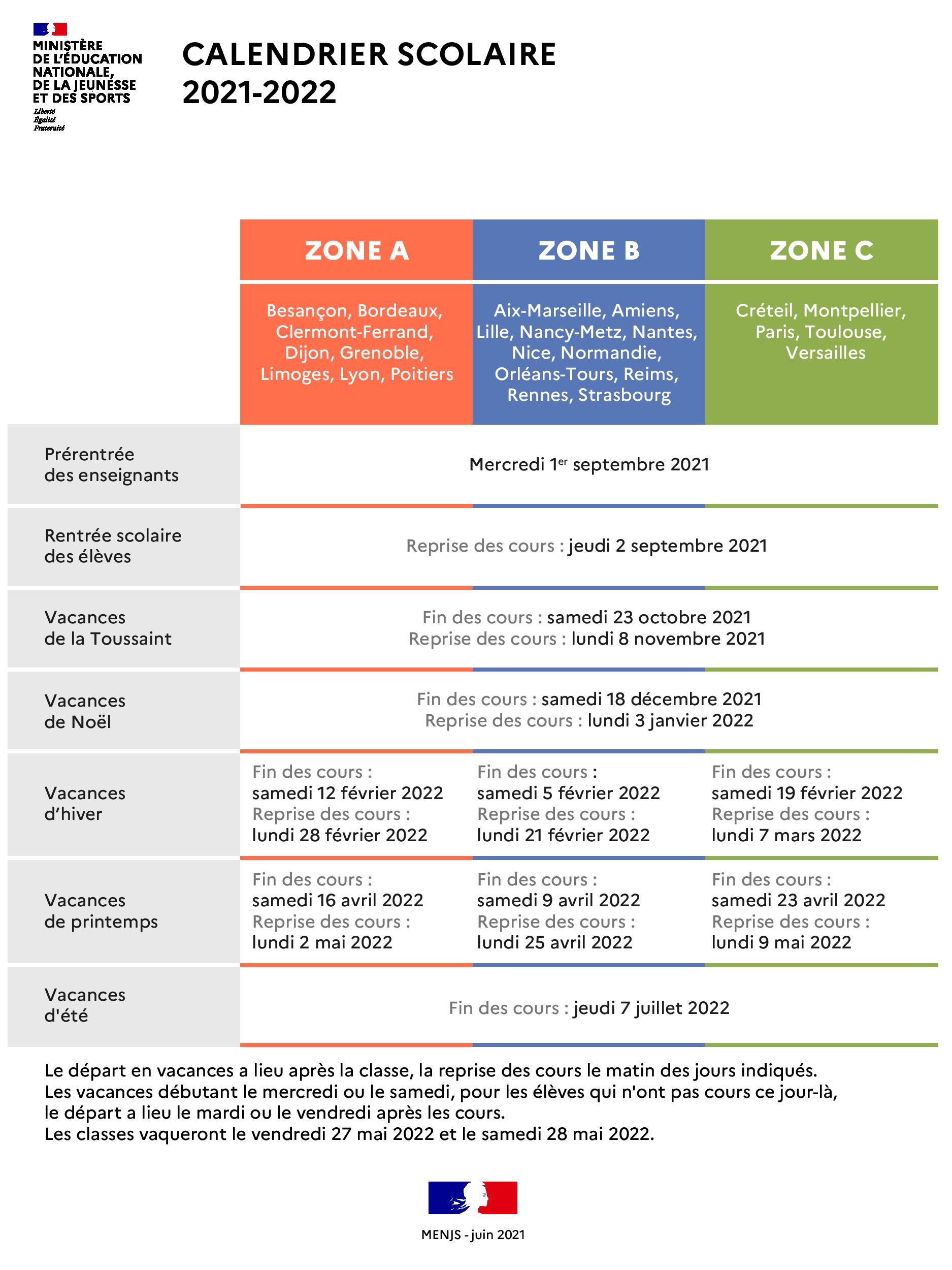 Le calendrier scolaire Ecole Sainte Thérèse de Guilers